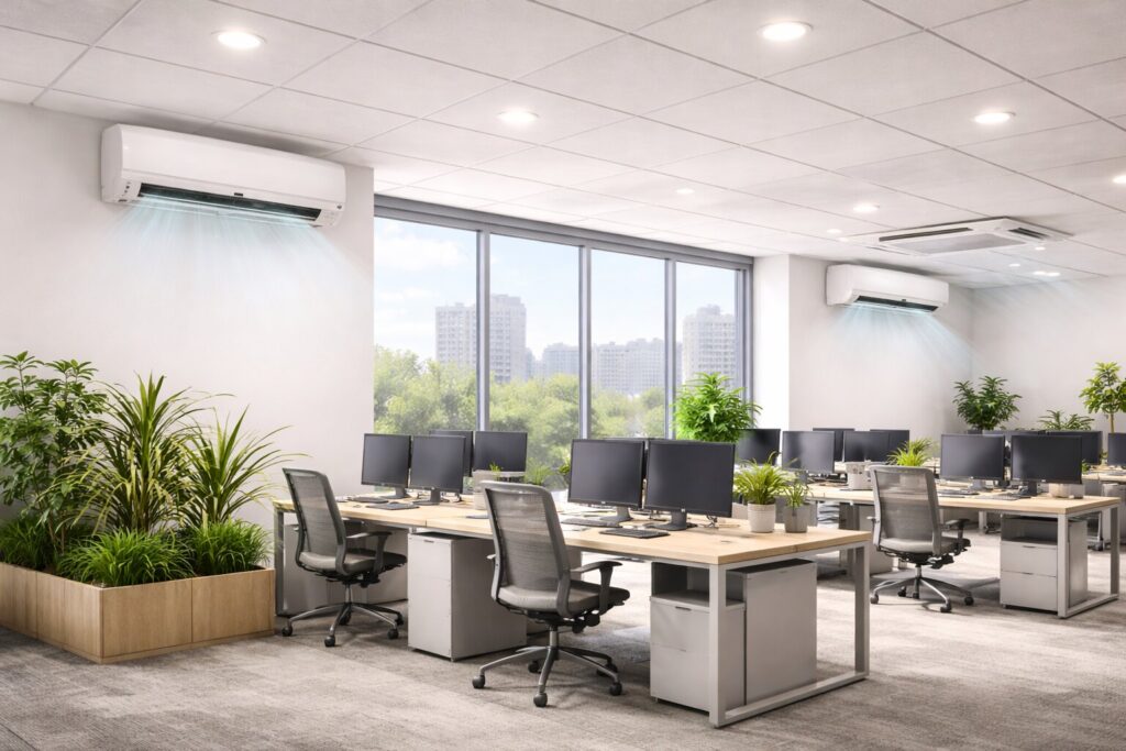 Moderne kontor med airconditionanlæg monteret på væggen, kølig luft blæses ud i åbent kontormiljø med skriveborde, computere og store vinduer