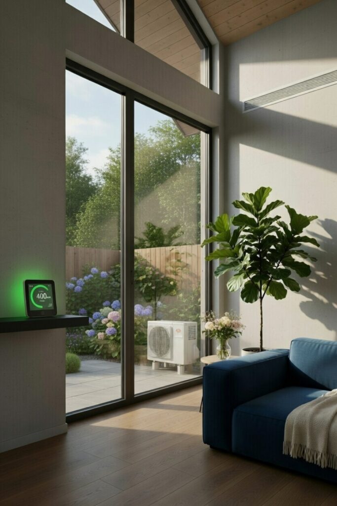 Varmepumpe i stue der sikrer behagelig temperatur og energieffektiv opvarmning i hjemmet