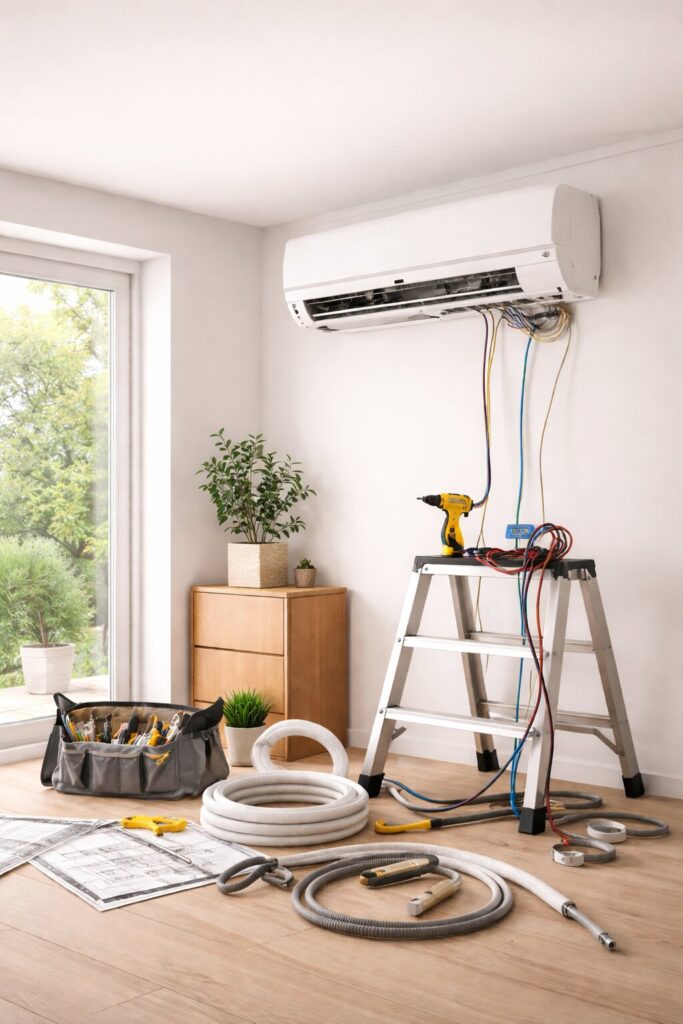 Montering og installation af aircondition og klimaanlæg i moderne skandinavisk bolig med vægmonteret aircondition, værktøj og installationsudstyr indendørs